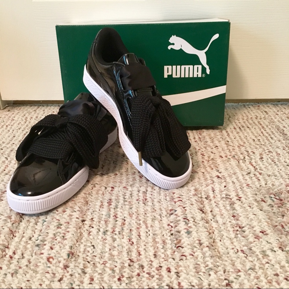 PUMA Basket Heart Patent Black and White Sneakers